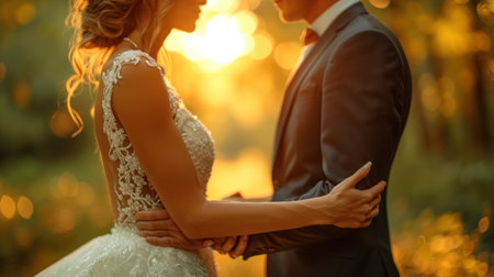 Beautiful bride and groom embracing in the park at sunset, close-upの素材