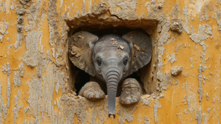 Baby elephant peeking out of a hole in the yellow wall.の素材