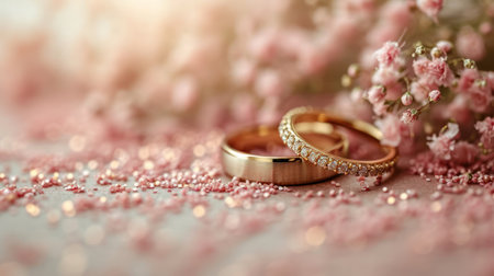 Wedding rings on a pink background with flowers. Wedding conceptの素材