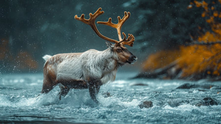 Reindeer running through the water in the forest during the rainの素材