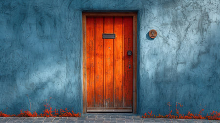 3d rendering of an old wooden door in a blue wall.の素材