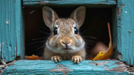 Cute little rabbit sitting in a blue wooden box with autumn leavesの素材