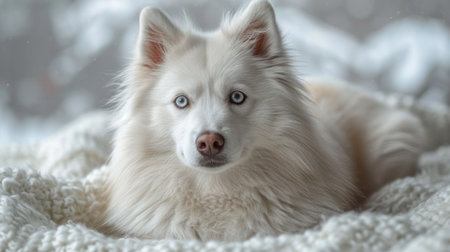 Portrait of a cute white siberian husky with blue eyesの素材