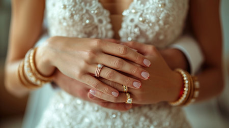 Wedding rings on the hands of the bride, close-upの素材