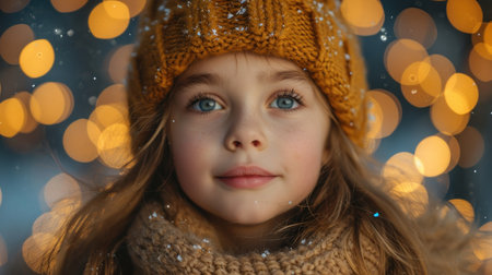 Portrait of a beautiful little girl in a hat and scarf on the background of a Christmas treeの素材