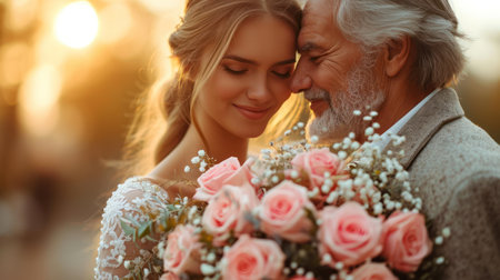 Portrait of a happy senior couple on the background of sunset.の素材