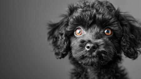 Cute black poodle puppy with big eyes on gray background.の素材