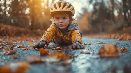 Portrait of a little boy in a helmet and a yellow jacket in an autumn forestの素材