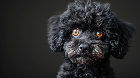 Portrait of a black poodle with orange eyes on a black backgroundの素材