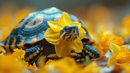 turtle with yellow daffodil flower in the garden.の素材