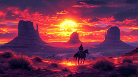 Illustration of a cowboy riding a horse in Monument Valley at sunsetの素材