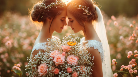 Beautiful bride and her best friend in a field of flowers.の素材