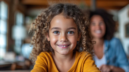 Portrait of smiling little girl with mother in background at table in cafeの素材