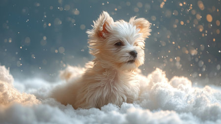 Cute little Maltese puppy sitting on the snow in winter.の素材