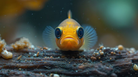 Cute yellow fish swimming in an aquarium, close-up.の素材