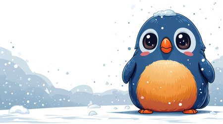 Cute penguin sitting on the snow in winter. Vector illustration.の素材