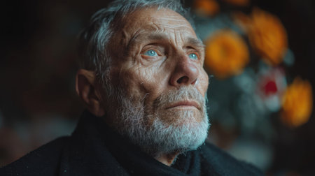 Portrait of an old man with gray beard and mustache looking awayの素材