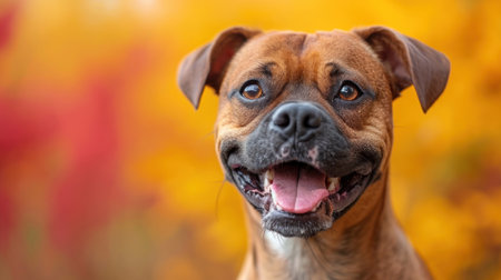 Close up portrait of a cute staffordshire bull terrier in autumn parkの素材