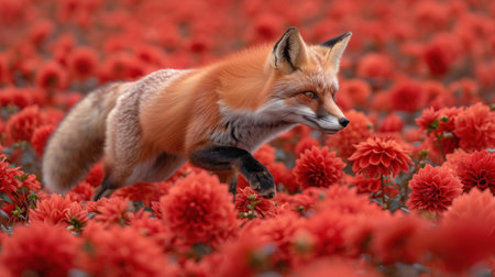 Red fox in the red flower field. Beautiful wild animal in nature.の素材