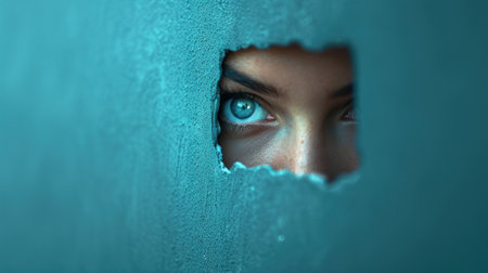 Woman peeking through hole in blue wall, looking through hole in paperの素材