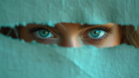 Beautiful young woman peeking through hole in turquoise paperの素材