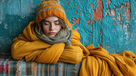 Young beautiful girl in a yellow scarf and hat on a blue backgroundの素材