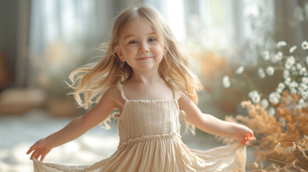 Portrait of a beautiful little girl with long blond hair in a light dressの素材