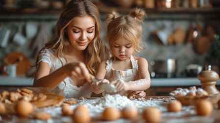 Cute little girl and her mother baking cookies in the kitchen.の素材