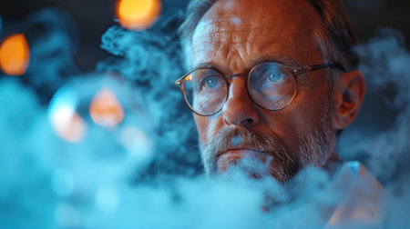 Portrait of an old man in glasses with a beard and smoke on a dark backgroundの素材