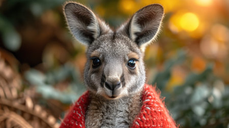Portrait of cute baby kangaroo in red scarf on Christmas backgroundの素材