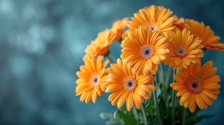 Orange gerbera daisy flowers on a blue bokeh backgroundの素材