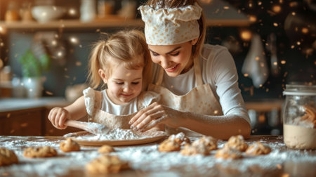 Cute little girl and her beautiful mother baking cookies in the kitchenの素材