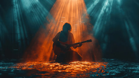 Young man playing guitar on stage with smoke and rays of light. Music conceptの素材