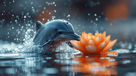 Dolphin and water lily on a dark background. 3d renderingの素材