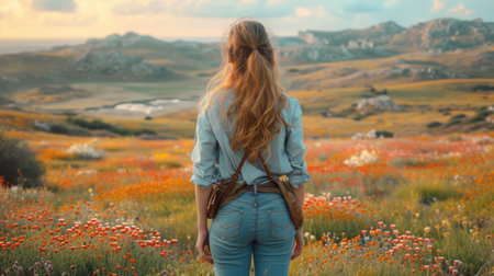 A beautiful young woman with long blond hair, wearing a denim jacket and jeans, standing in a field of poppies and looking at the sunsetの素材