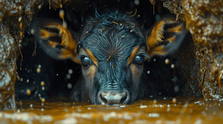 Close up of black calf in a cave. 3D rendering.の素材