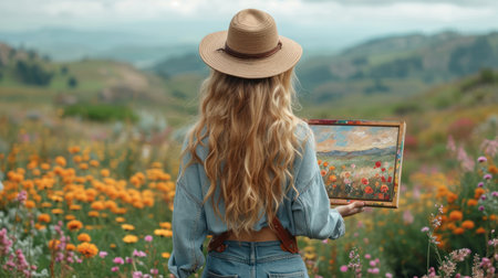 Young woman in hat and jeans standing in the meadow and holding a paintingの素材