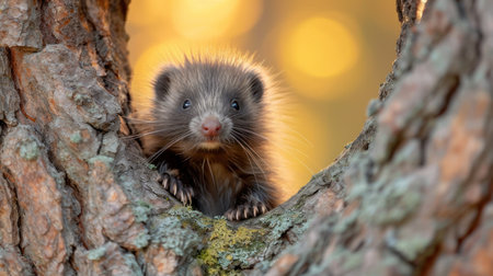 Hedgehog in the hollow of a tree. Close-up.の素材