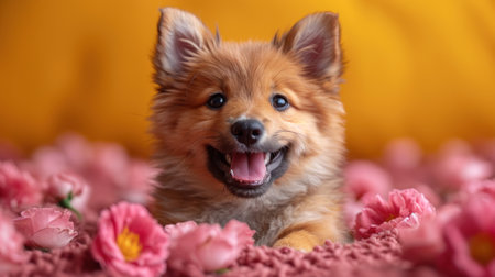 Cute Pomeranian puppy lying on pink tulip flowers backgroundの素材