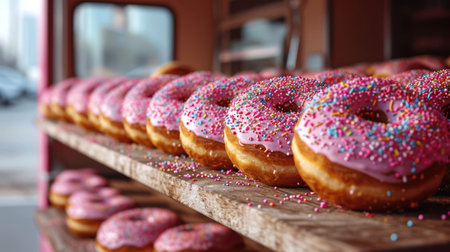 Donuts with pink icing and sprinkles on a wooden shelf.の素材