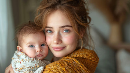Closeup portrait of beautiful young mother with her newborn baby at homeの素材