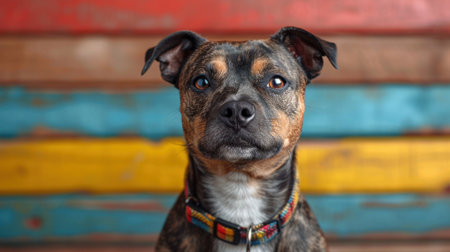 Cute mixed breed dog in front of a colorful wooden background.の素材