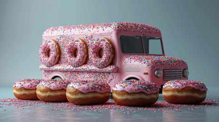 Donuts with pink truck on gray background. 3d rendering.の素材