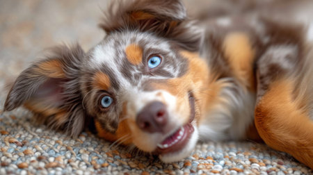 Australian shepherd puppy with blue eyes lying on the floor and looking upの素材