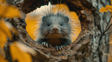 Cute little porcupine in a hollow on a tree.の素材