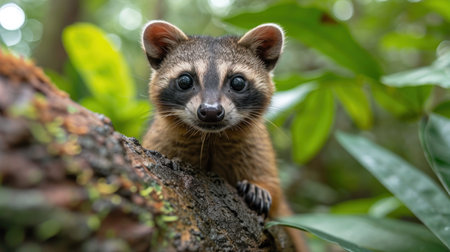 Portrait of a raccoon on a tree in the rainforestの素材