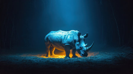 White rhinoceros in the forest at night with fog and lightsの素材
