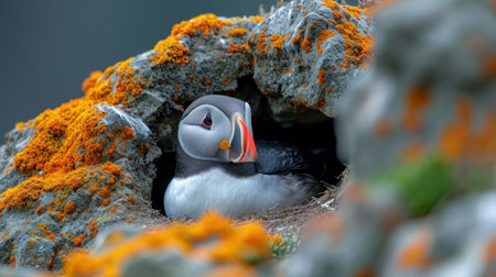 Puffin (Fratercula arctica) in a nest on Saltee Island, Irelandの素材