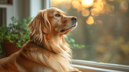 Golden retriever dog sitting on the windowsill and looking out the windowの素材