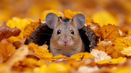 Little brown mouse in the autumn leaves on a background of yellow leaves.の素材